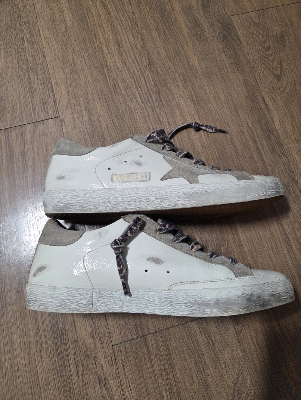 Golden Goose Cream Leather and Taupe Suede Sneakers with Animal Print Laces - Picture 4 of 9